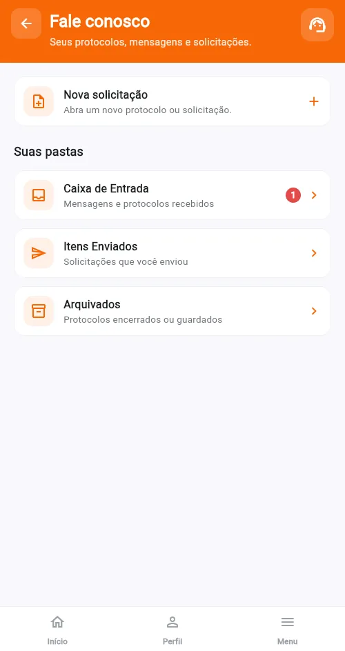 Tela Fale conosco do aplicativo, com nova solicitação, caixa de entrada, itens enviados e arquivados.