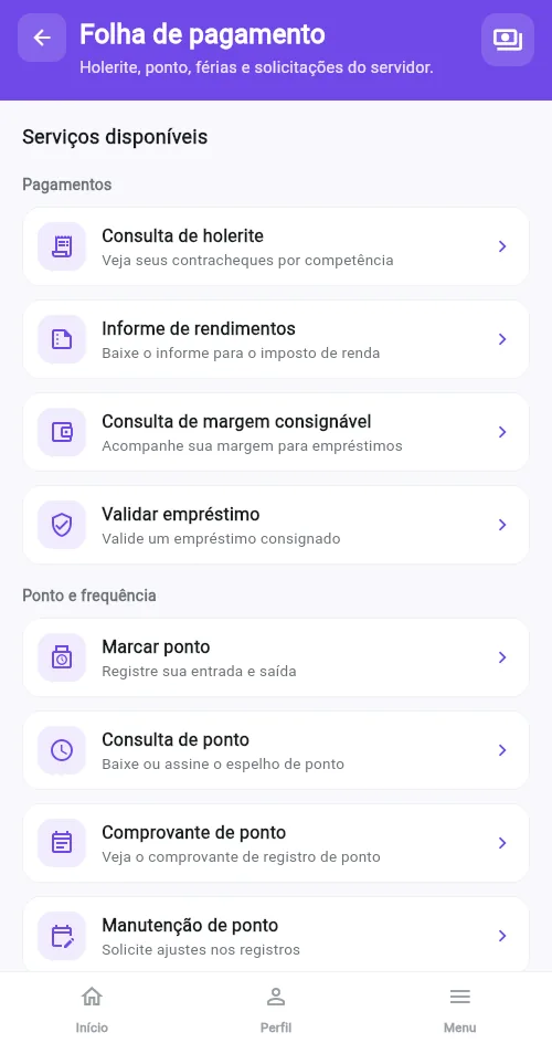 Tela Folha de pagamento do aplicativo, com holerite, informe de rendimentos, margem consignável e registro de ponto.