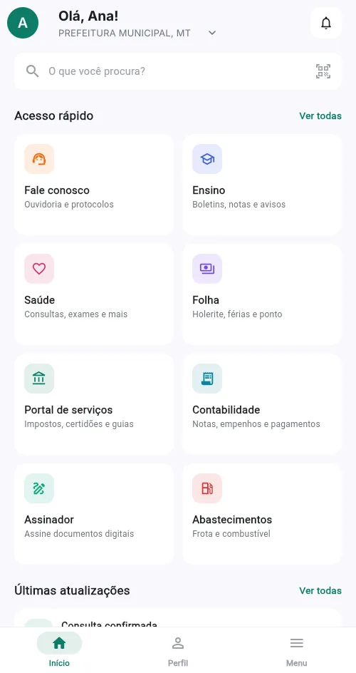 Tela inicial do aplicativo E-Município, com busca e atalhos para Fale conosco, Ensino, Saúde, Folha, Contabilidade, Assinador e Abastecimentos.