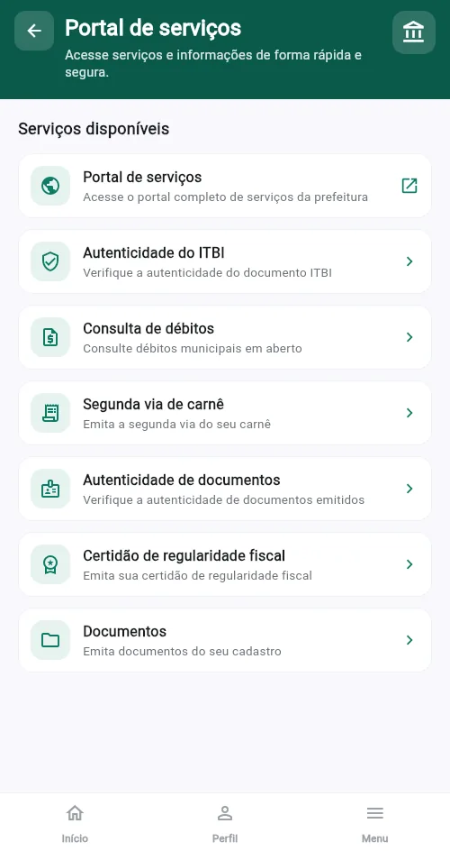 Tela Portal de serviços do aplicativo, com consulta de débitos, segunda via de carnê, certidão de regularidade fiscal e validação de autenticidade de documentos e ITBI.