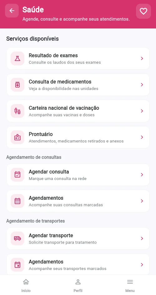 Tela Saúde do aplicativo, com resultado de exames, consulta de medicamentos, carteira de vacinação e agendamento de consultas e transporte.